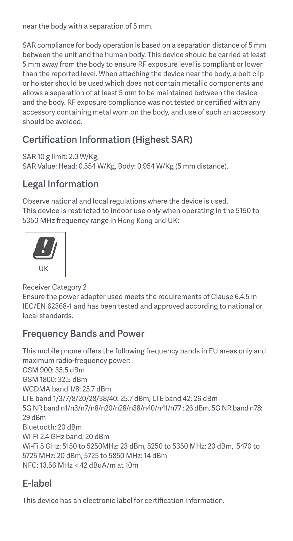 Certification information (highest sar), Legal information, Frequency bands and power | E-label | Xiaomi 11T User Manual | Page 9 / 26