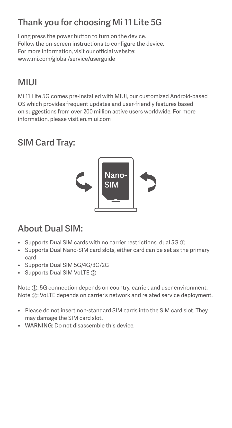 Miui, Sim card tray: about dual sim | Xiaomi Mi 11 Lite 5G User Manual | Page 3 / 25