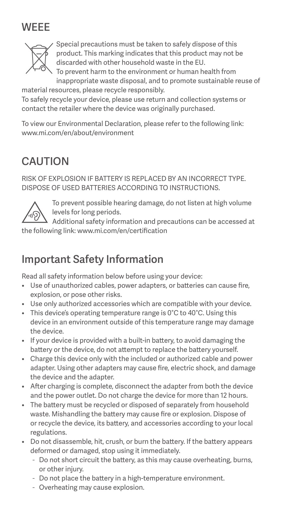 Weee, Caution, Important safety information | Xiaomi Mi 11 Lite 5G User Manual | Page 4 / 25