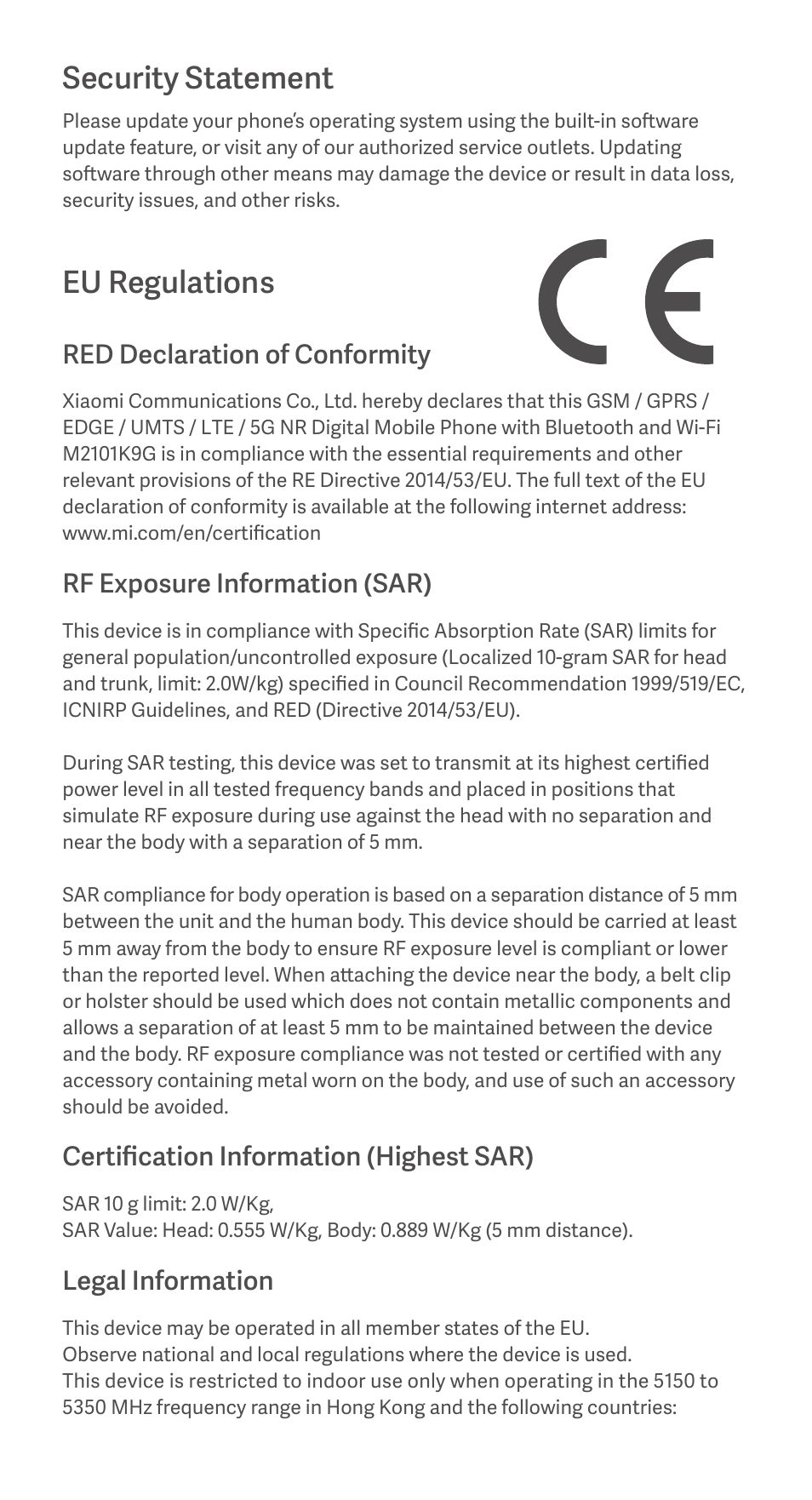 Security statement, Eu regulations, Red declaration of conformity | Rf exposure information (sar), Certification information (highest sar), Legal information | Xiaomi Mi 11 Lite 5G User Manual | Page 6 / 25