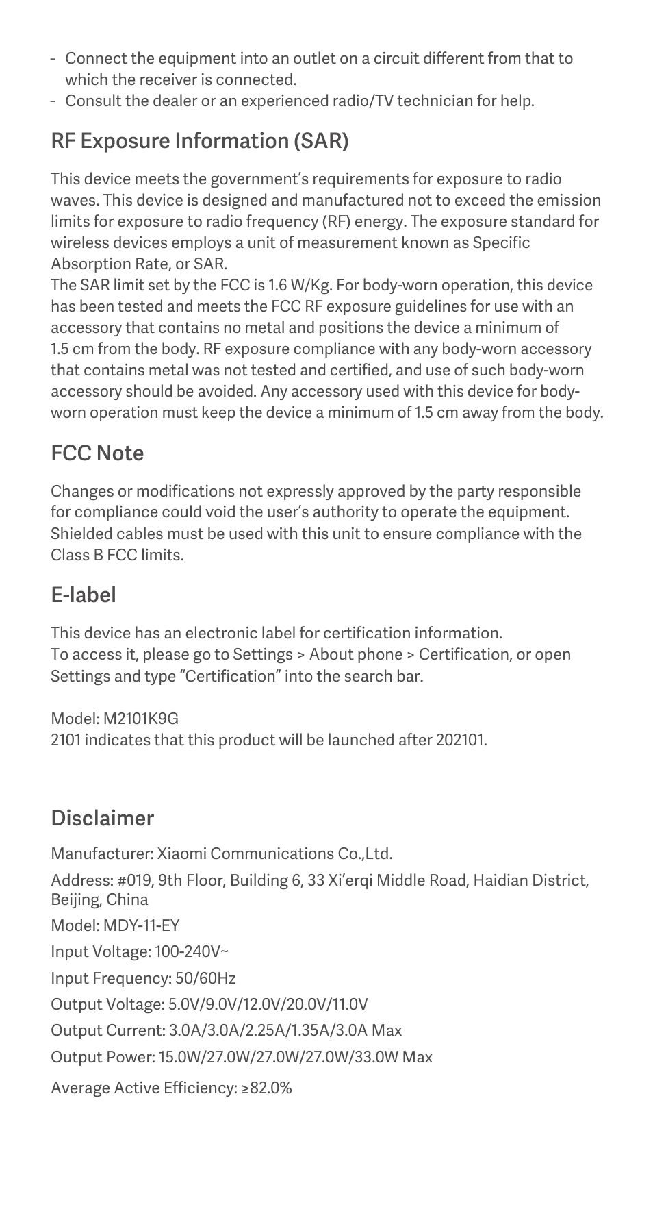 Rf exposure information (sar), E-label, Disclaimer | Xiaomi Mi 11 Lite 5G User Manual | Page 8 / 25