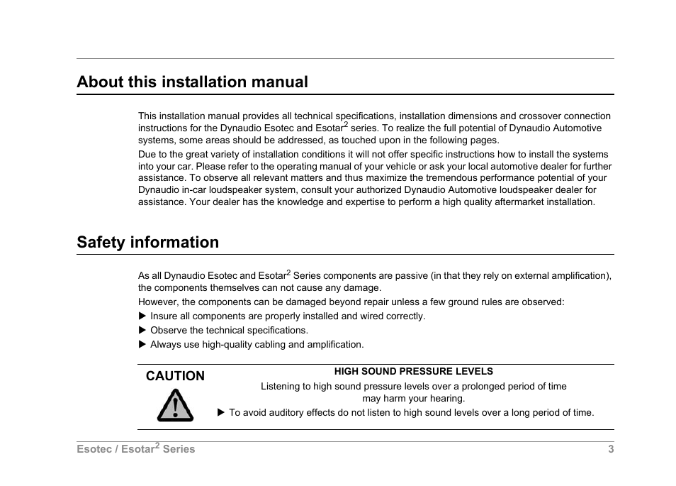 About this installation manual, Safety information, Caution | Dynaudio SERIES 2 ESOTEC User Manual | Page 3 / 16