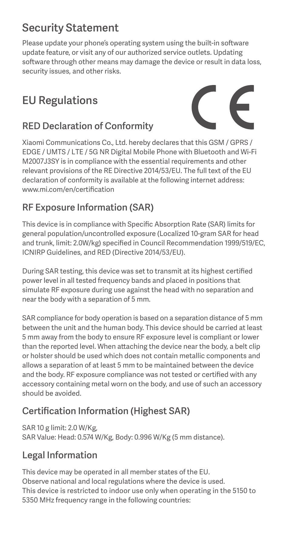 Security statement, Eu regulations, Red declaration of conformity | Rf exposure information (sar), Certification information (highest sar), Legal information | Xiaomi Mi 10T User Manual | Page 6 / 9