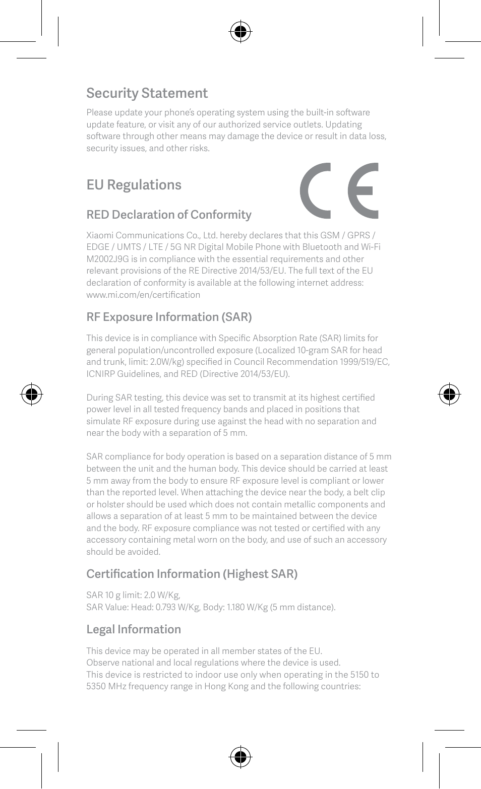 Security statement, Eu regulations, Red declaration of conformity | Rf exposure information (sar), Certification information (highest sar), Legal information | Xiaomi Mi 10 Lite 5G User Manual | Page 6 / 8