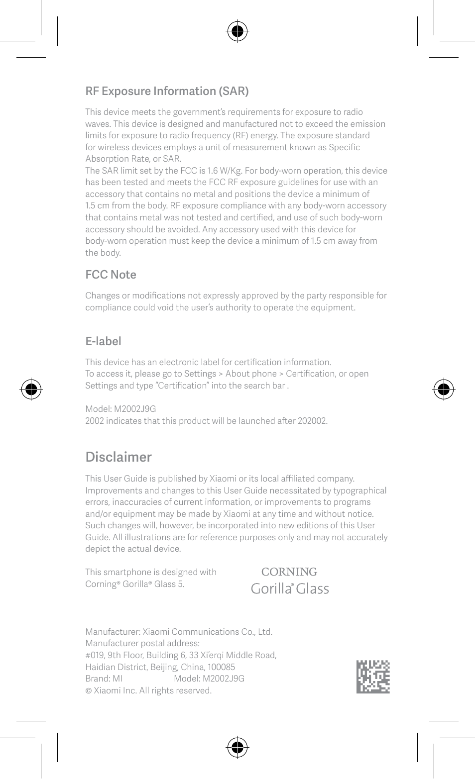 Disclaimer, Rf exposure information (sar), E-label | Xiaomi Mi 10 Lite 5G User Manual | Page 8 / 8