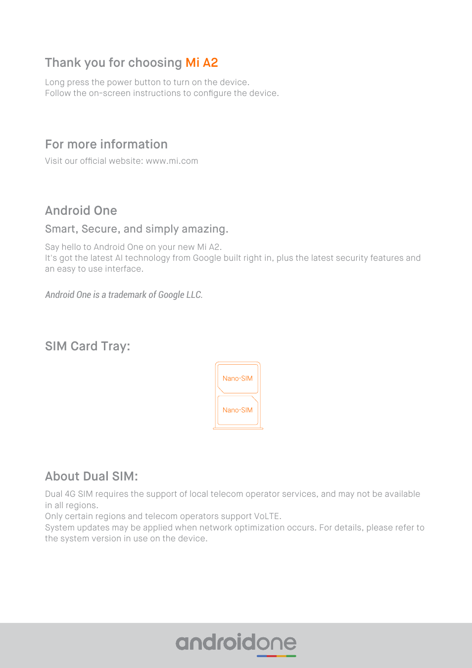 About dual sim: sim card tray: android one, For more information | Xiaomi Mi A2 User Manual | Page 3 / 8