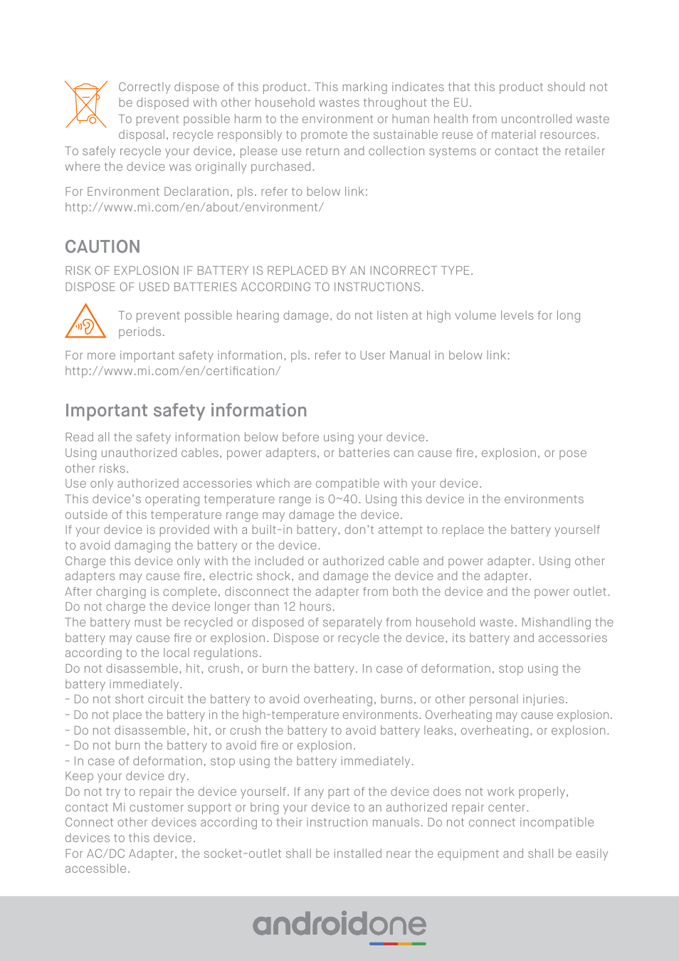 Caution, Important safety information | Xiaomi Mi A2 User Manual | Page 4 / 8