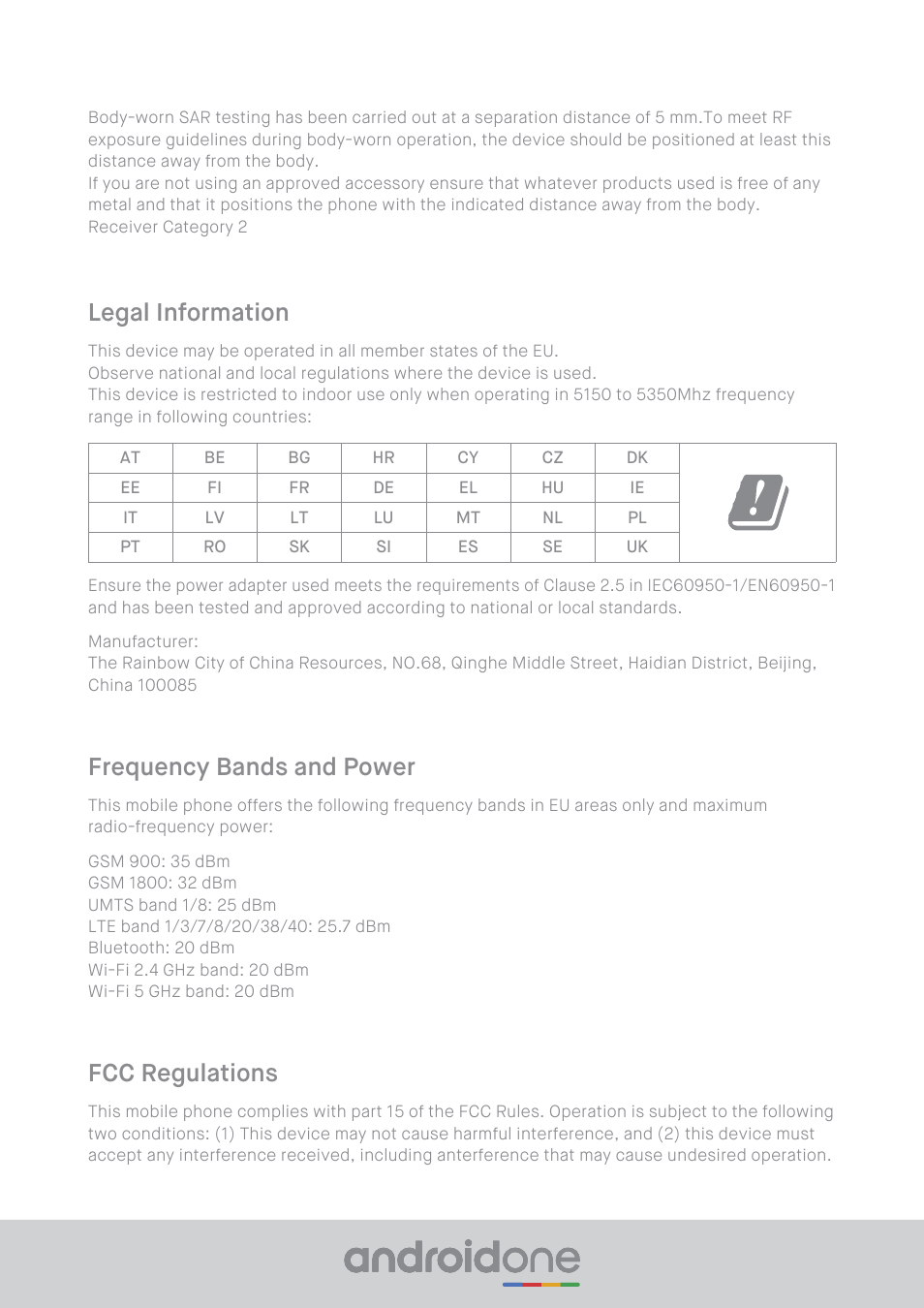 Frequency bands and power, Fcc regulations, Legal information | Xiaomi Mi A2 User Manual | Page 6 / 8