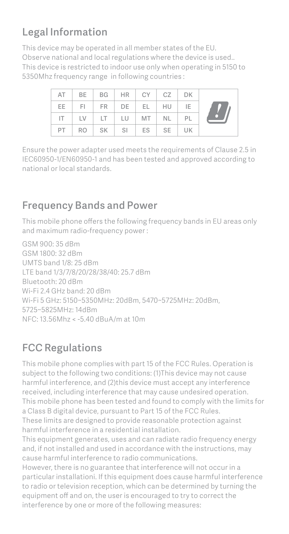 Frequency bands and power, Fcc regulations, Legal information | Xiaomi Mi 9 User Manual | Page 6 / 8