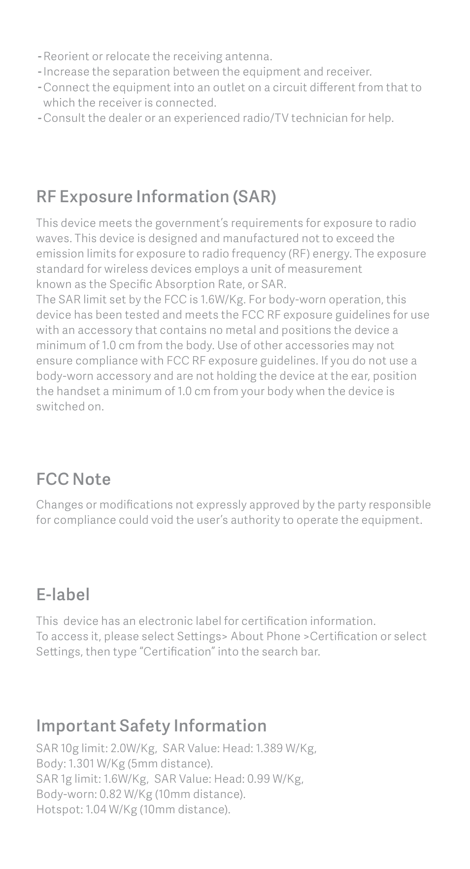 E-label rf exposure information (sar), Important safety information | Xiaomi Mi 9 User Manual | Page 7 / 8