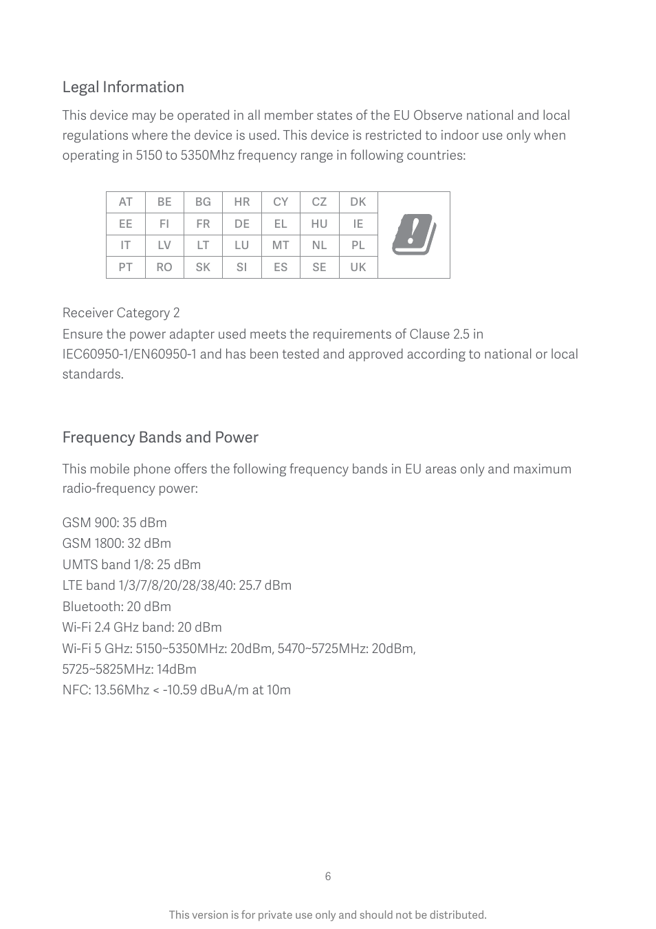 Frequency bands and power, Legal information | Xiaomi Mi 9T User Manual | Page 7 / 9