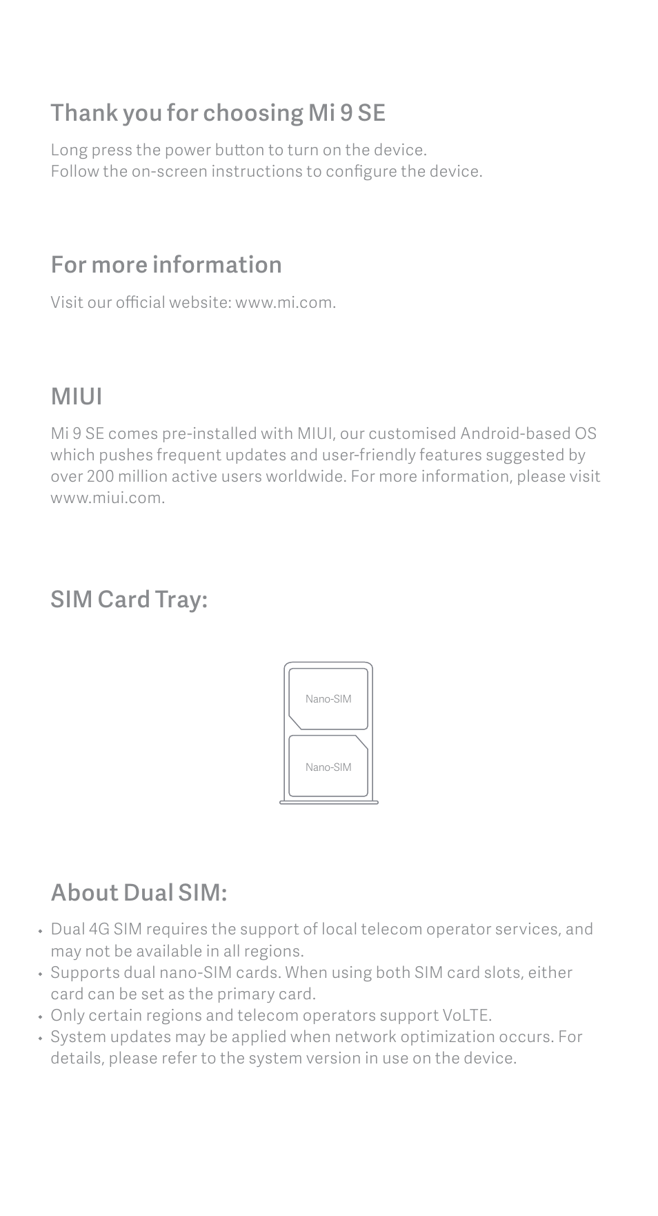 Miui, About dual sim, For more information | Sim card tray | Xiaomi Mi 9 SE User Manual | Page 3 / 8