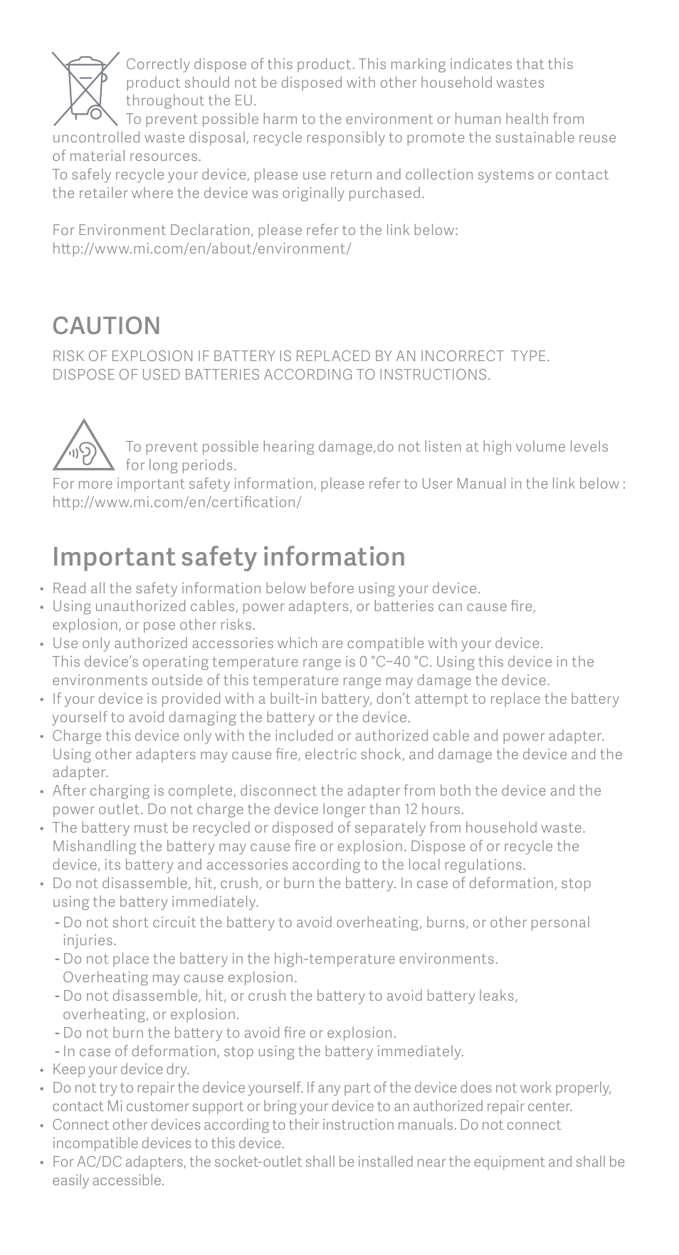 Important safety information, Caution | Xiaomi Mi 9 SE User Manual | Page 4 / 8
