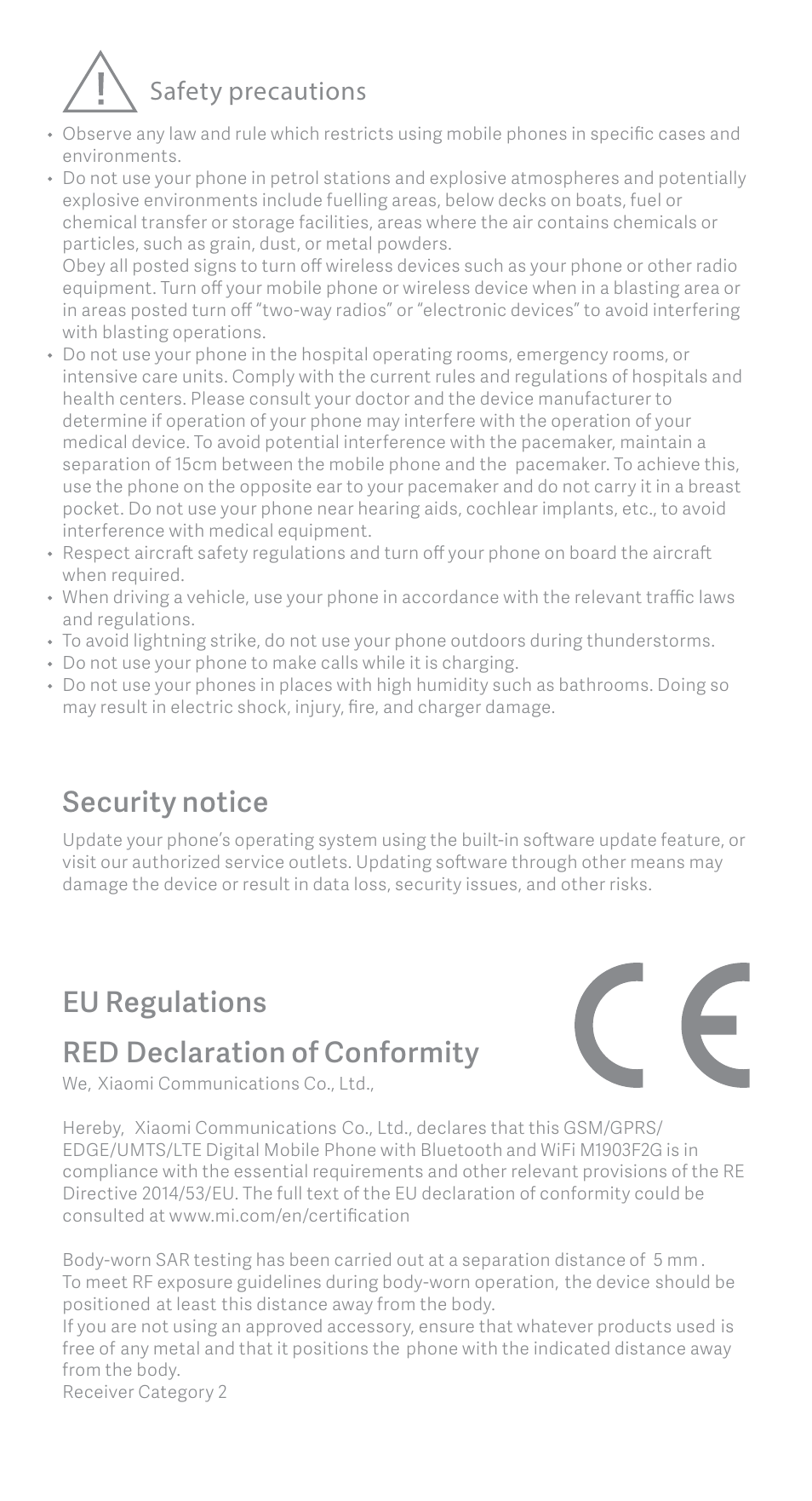 Eu regulations red declaration of conformity, Security notice, Safety precautions | Xiaomi Mi 9 SE User Manual | Page 5 / 8