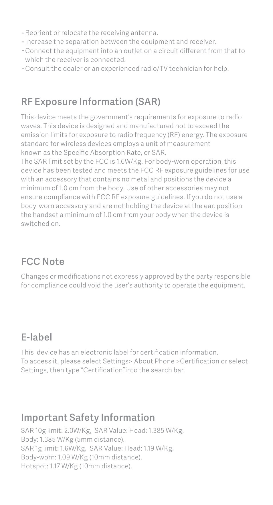 E-label, Rf exposure information (sar), Important safety information | Xiaomi Mi 9 SE User Manual | Page 7 / 8