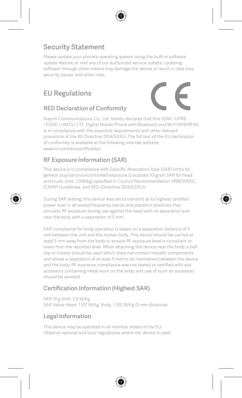 Security statement, Eu regulations, Red declaration of conformity | Rf exposure information (sar), Certification information (highest sar), Legal information | Xiaomi Mi Note 10 User Manual | Page 6 / 8