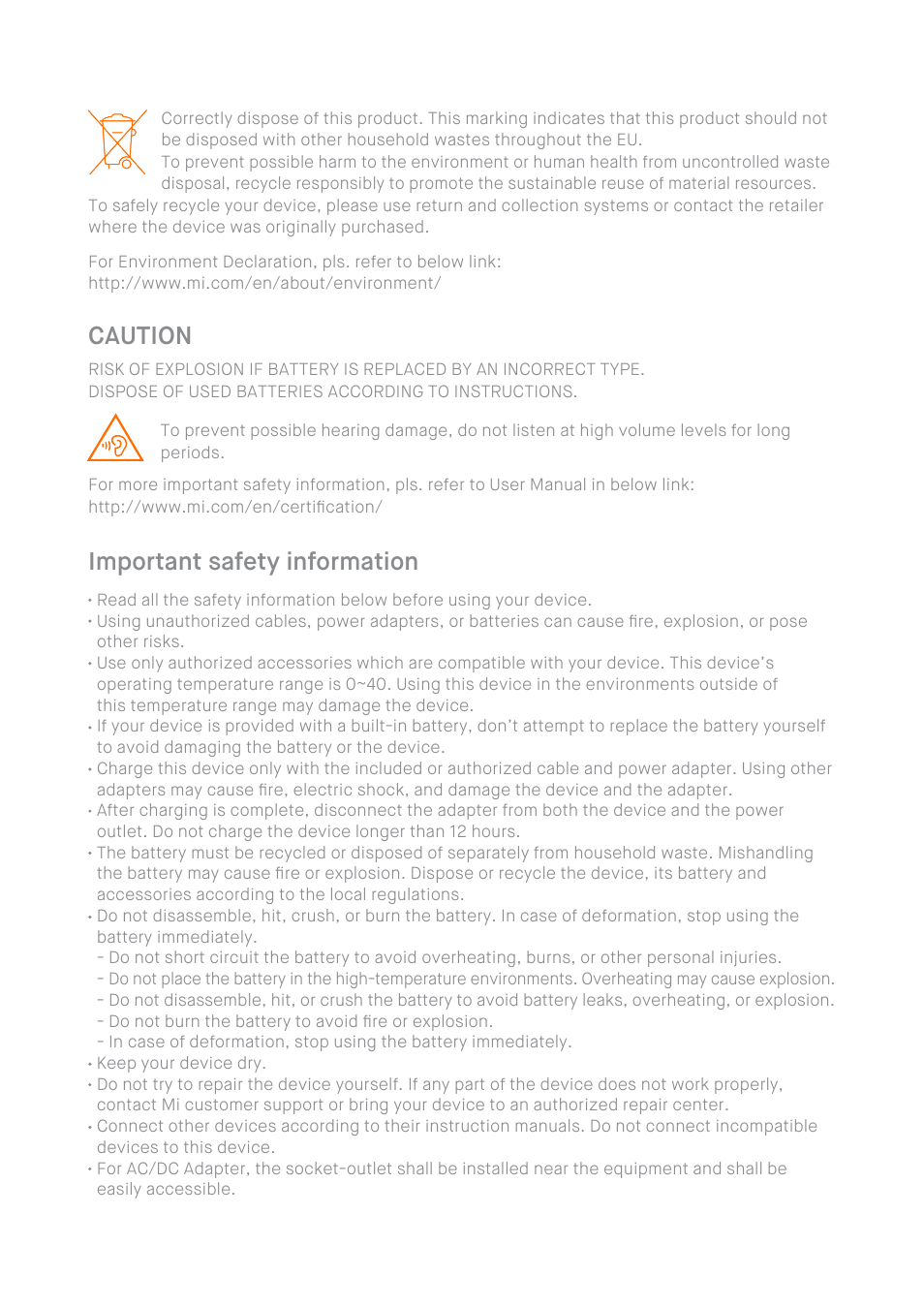 Important safety information, Caution | Xiaomi Mi 8 Lite User Manual | Page 4 / 8