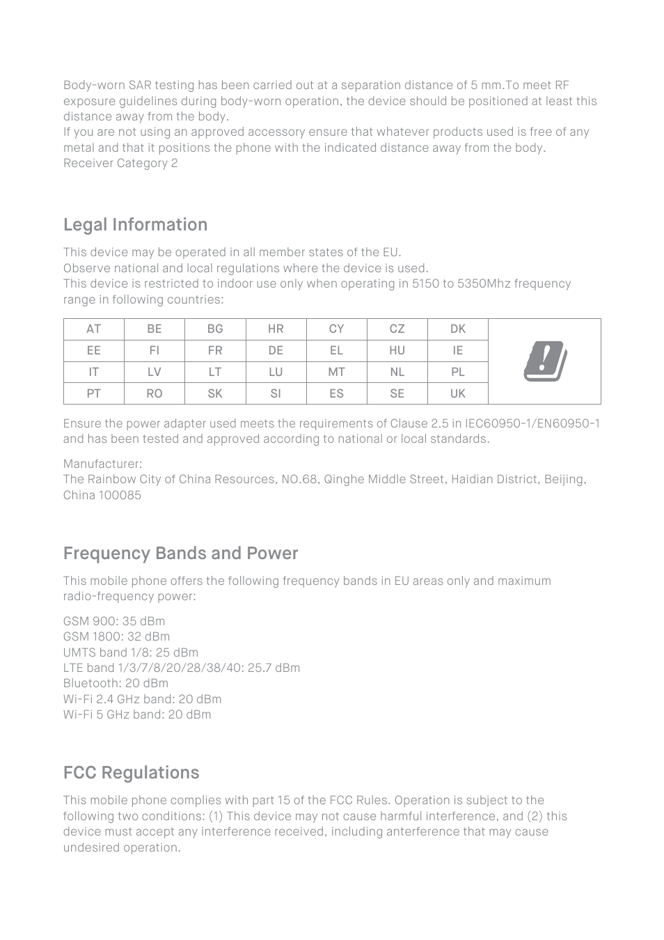 Frequency bands and power, Fcc regulations, Legal information | Xiaomi Mi 8 Lite User Manual | Page 6 / 8