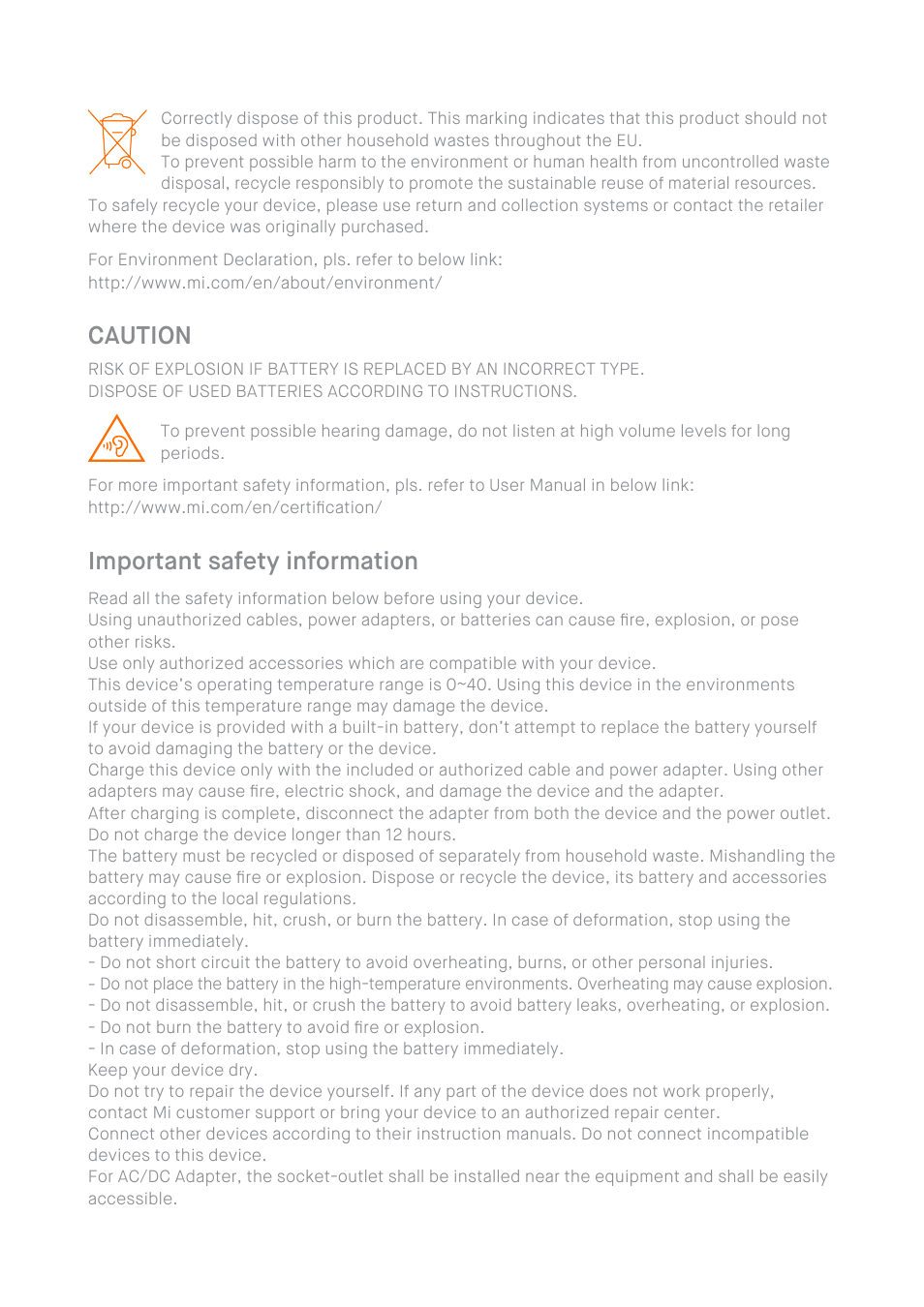 Caution, Important safety information | Xiaomi Mi 8 User Manual | Page 4 / 8