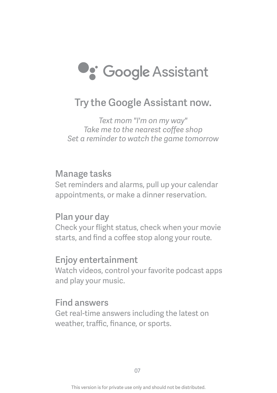 Try the google assistant now, Manage tasks, Plan your day | Enjoy entertainment, Find answers | Xiaomi Mi A3 User Manual | Page 8 / 8