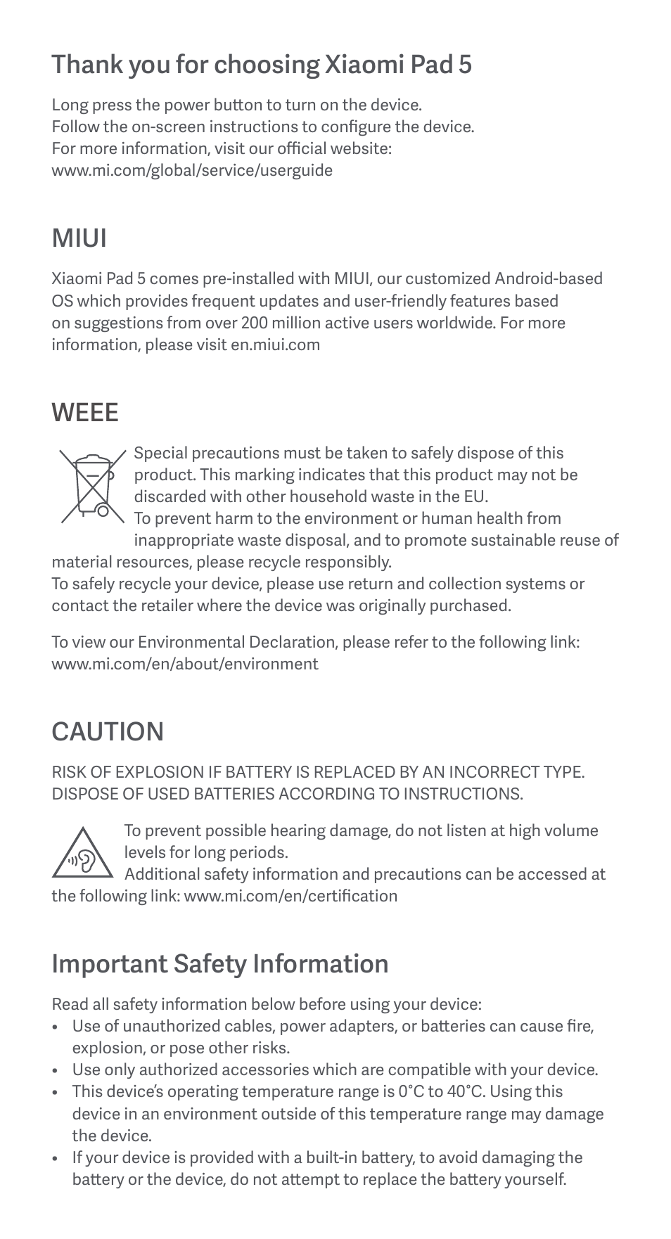 Miui, Weee, Caution | Important safety information | Xiaomi Pad 5 User Manual | Page 3 / 24