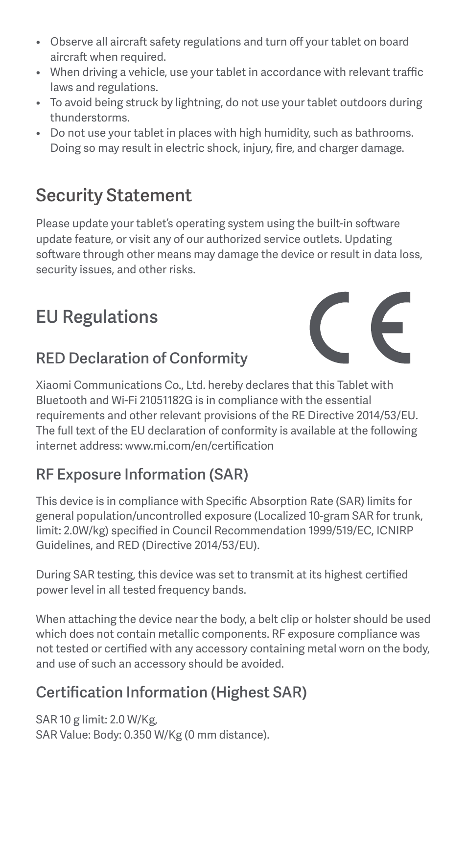 Security statement, Eu regulations, Red declaration of conformity | Rf exposure information (sar), Certification information (highest sar) | Xiaomi Pad 5 User Manual | Page 5 / 24