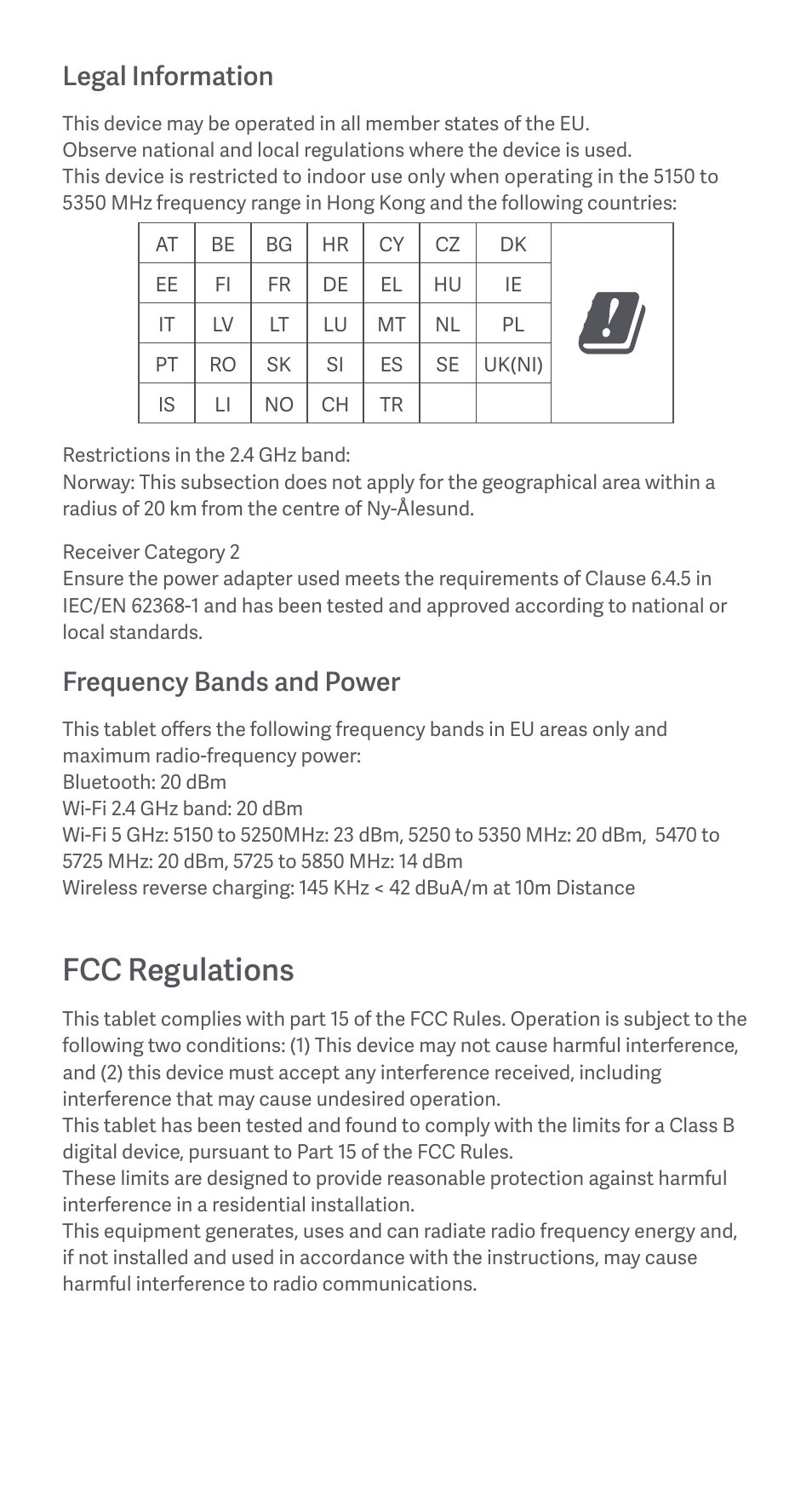 Fcc regulations, Legal information, Frequency bands and power | Xiaomi Pad 5 User Manual | Page 6 / 24