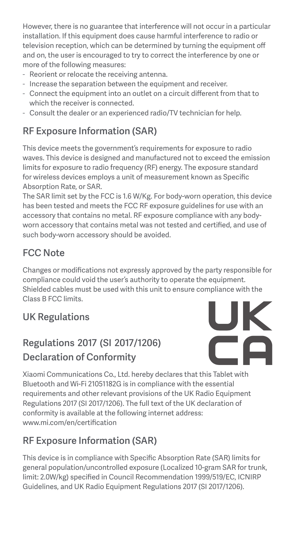 Rf exposure information (sar) | Xiaomi Pad 5 User Manual | Page 7 / 24