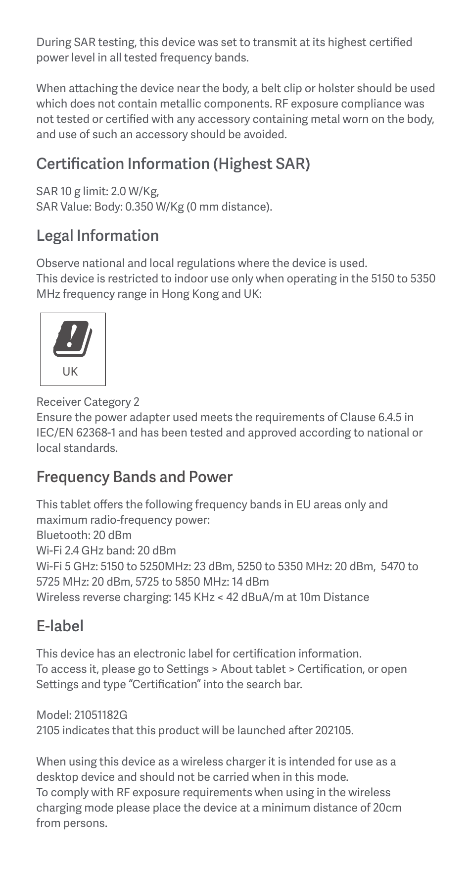 Certification information (highest sar), Legal information, Frequency bands and power | E- label | Xiaomi Pad 5 User Manual | Page 8 / 24