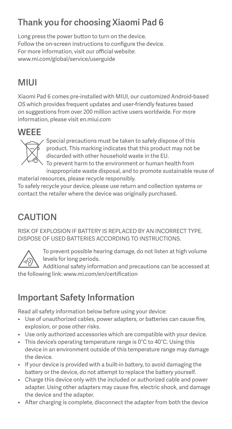 Miui, Weee, Caution | Important safety information | Xiaomi Pad 6 User Manual | Page 3 / 24