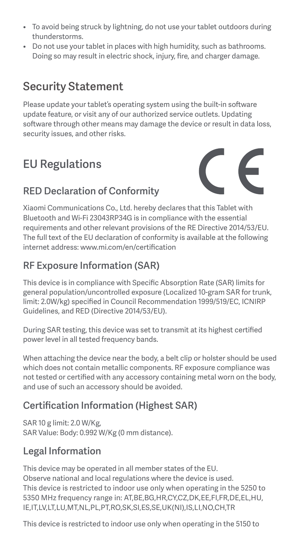 Security statement, Eu regulations, Red declaration of conformity | Rf exposure information (sar), Certification information (highest sar), Legal information | Xiaomi Pad 6 User Manual | Page 5 / 24