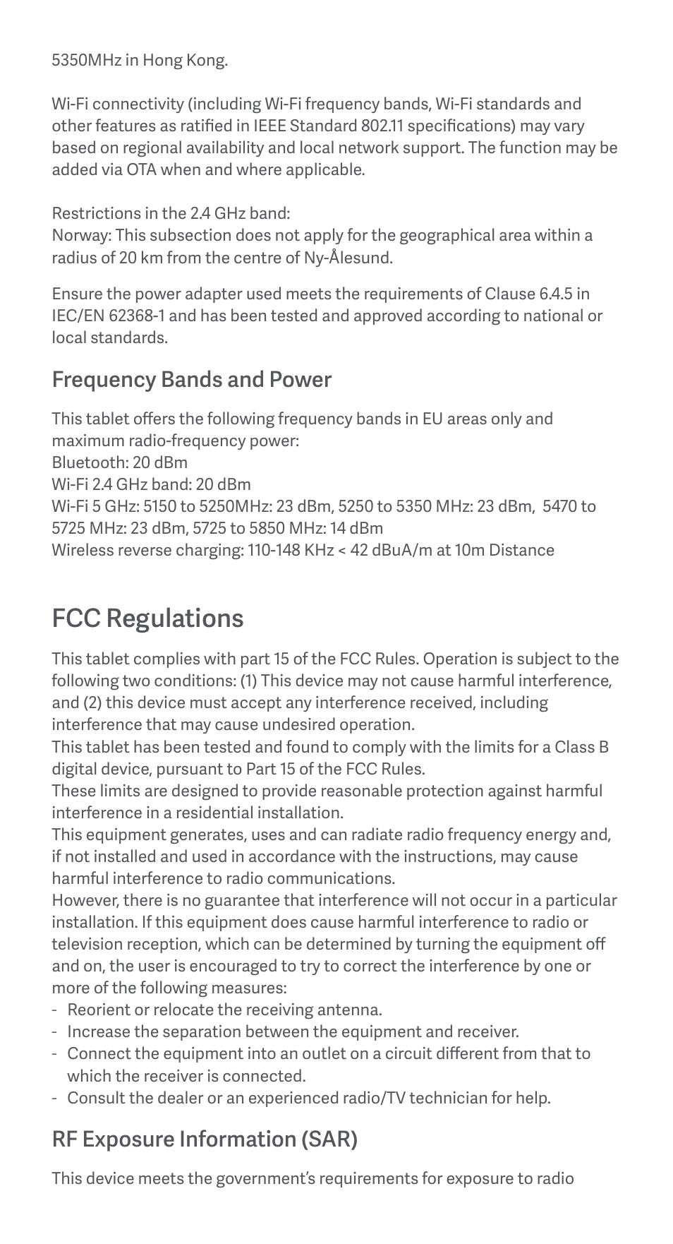 Fcc regulations, Frequency bands and power, Rf exposure information (sar) | Xiaomi Pad 6 User Manual | Page 6 / 24