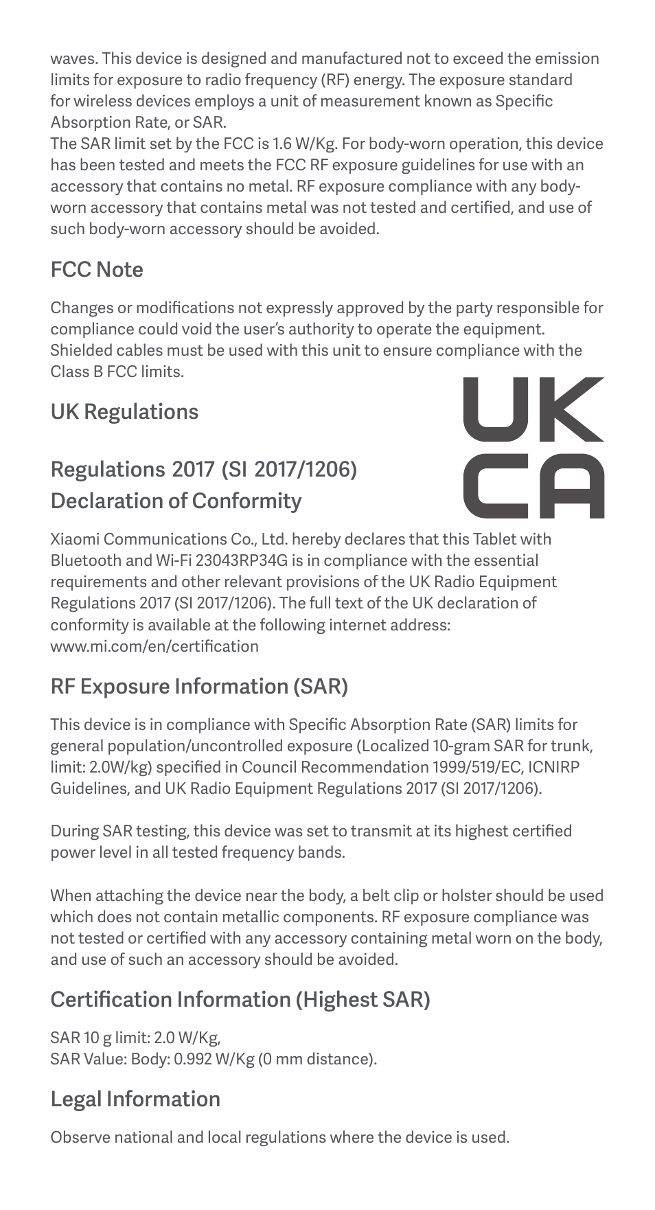 Rf exposure information (sar), Certification information (highest sar), Legal information | Xiaomi Pad 6 User Manual | Page 7 / 24