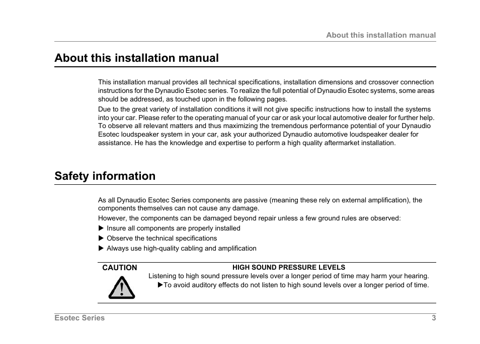 About this installation manual, Safety information | Dynaudio ESOTEC Car Stereo System User Manual | Page 3 / 16