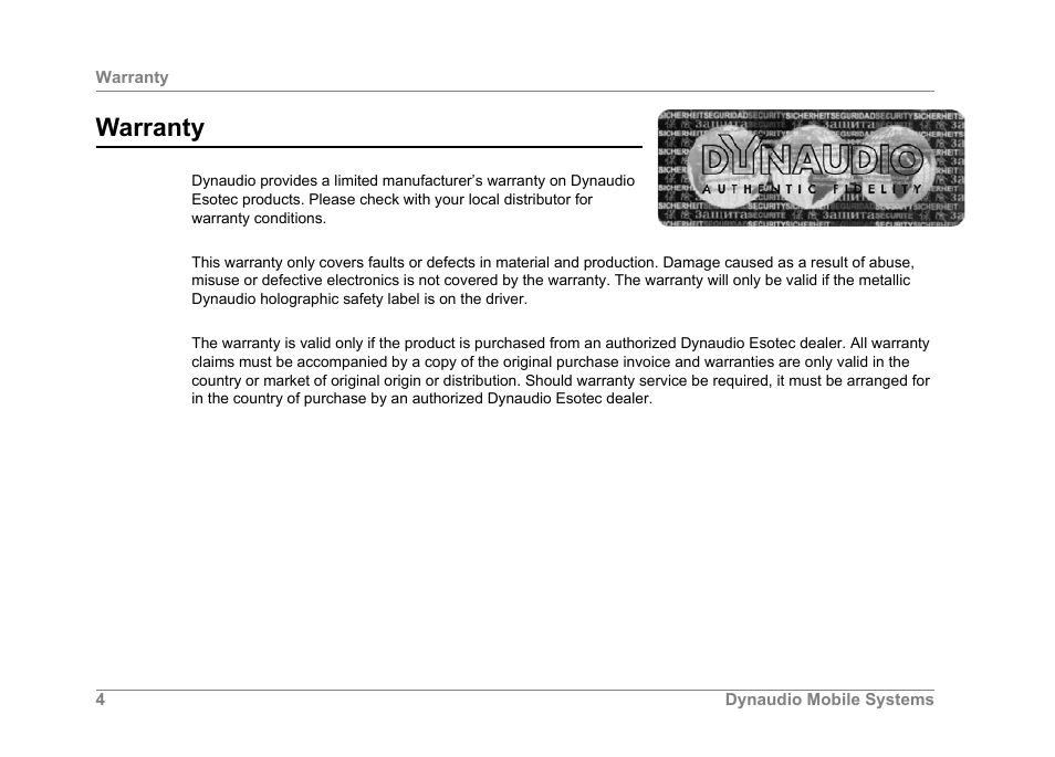Warranty | Dynaudio ESOTEC Car Stereo System User Manual | Page 4 / 16
