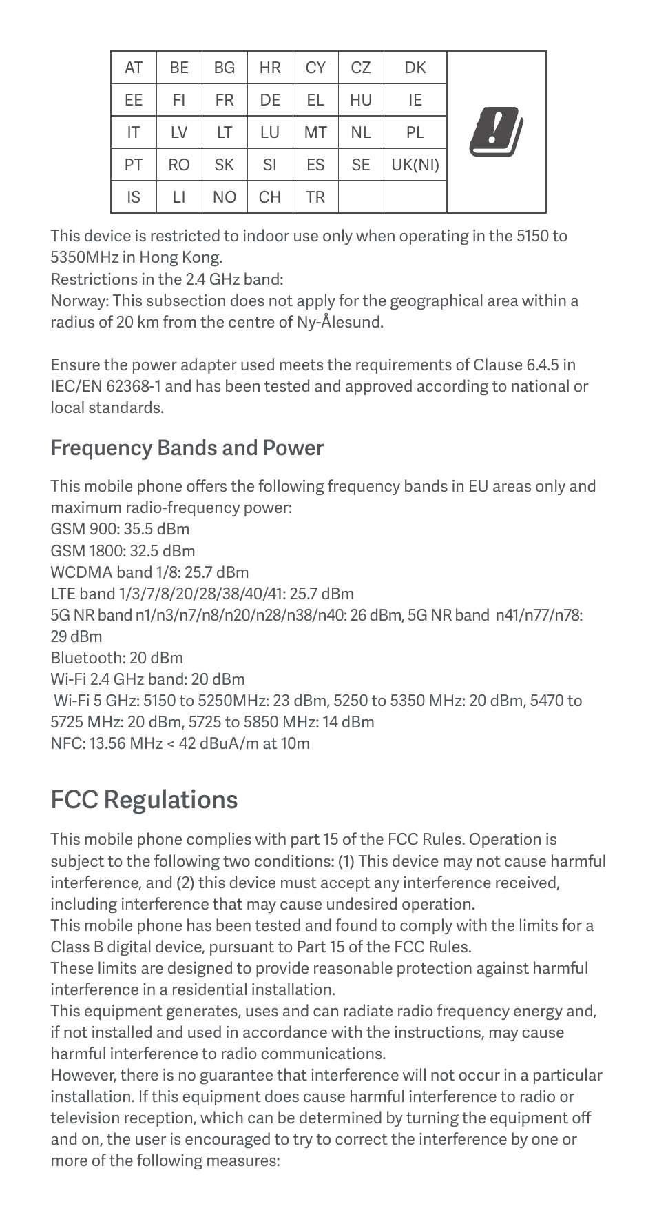 Fcc regulations, Frequency bands and power | Xiaomi Redmi 10 5G User Manual | Page 7 / 26