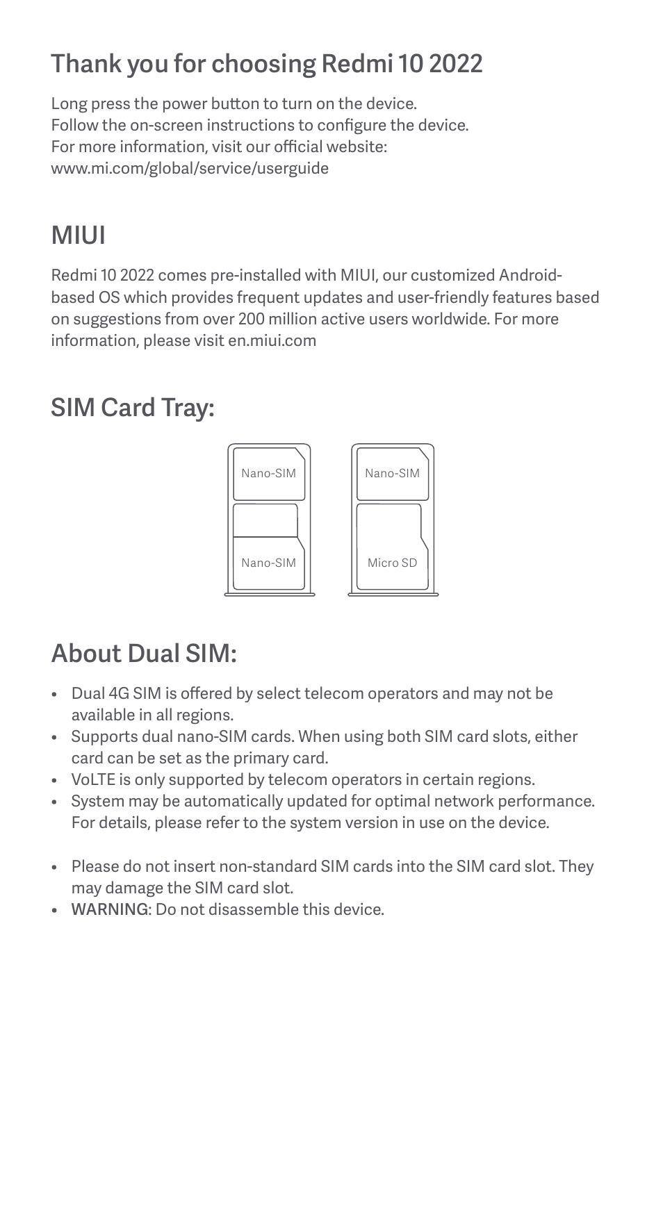 Miui, Sim card tray, About dual sim | Xiaomi Redmi 10 2022 User Manual | Page 4 / 28