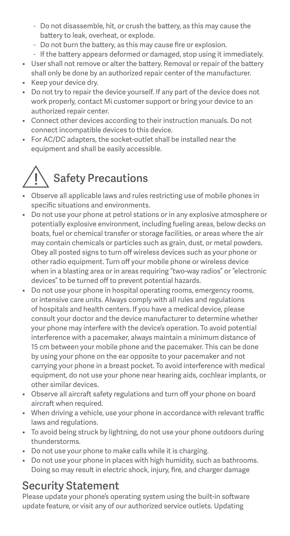 Safety precautions, Security statement | Xiaomi Redmi 10 2022 User Manual | Page 6 / 28