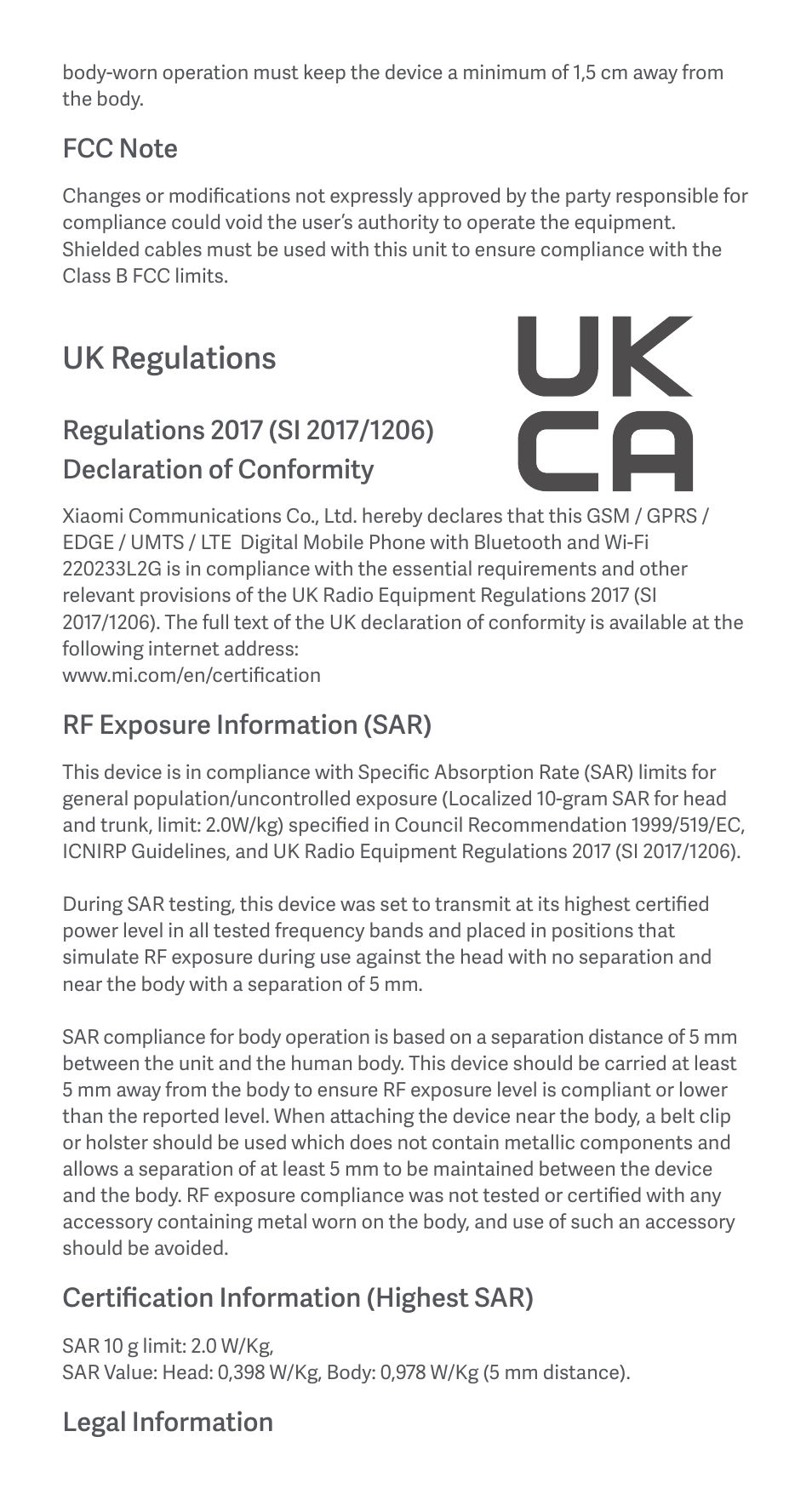 Uk regulations, Rf exposure information (sar), Certification information (highest sar) | Legal information | Xiaomi Redmi 10A User Manual | Page 8 / 26