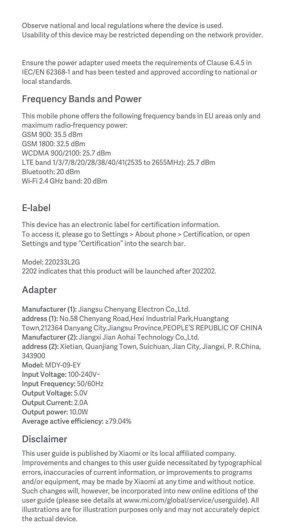 Frequency bands and power, E-label, Adapter | Disclaimer | Xiaomi Redmi 10A User Manual | Page 9 / 26