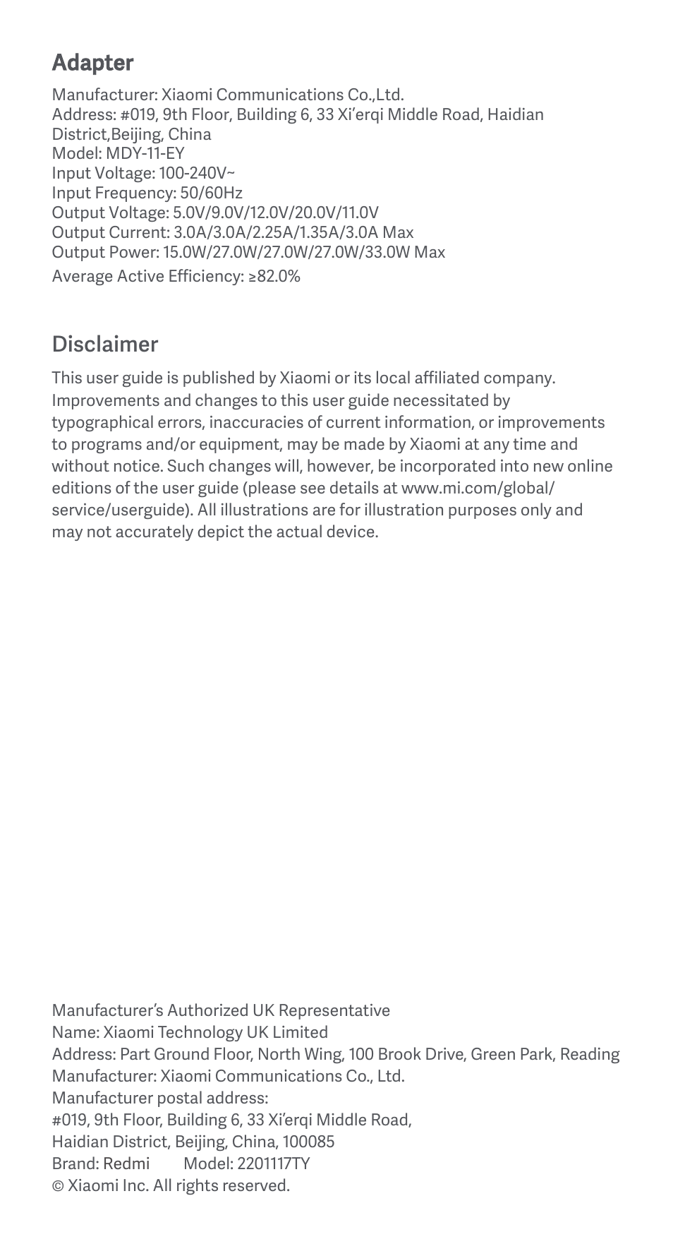 Adapter, Disclaimer | Xiaomi Redmi Note 11 User Manual | Page 10 / 26