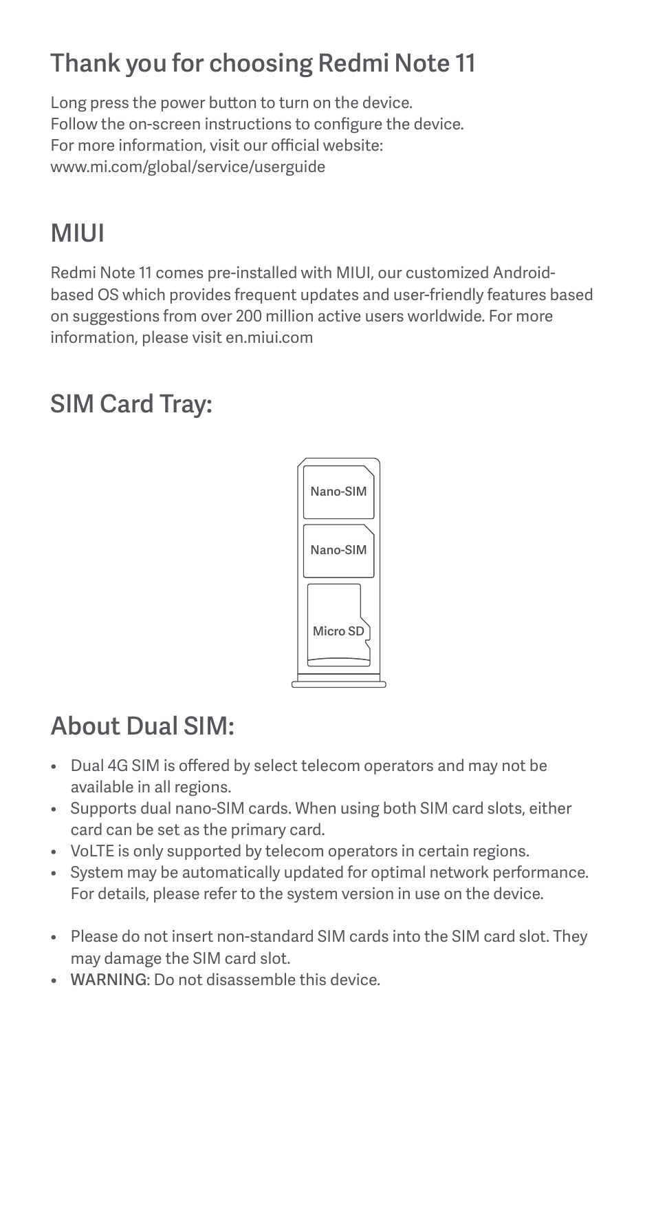 Miui, Sim card tray, About dual sim | Xiaomi Redmi Note 11 User Manual | Page 3 / 26
