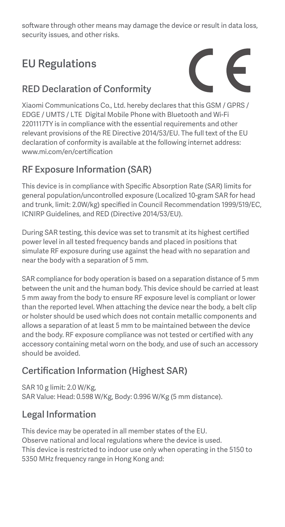 Eu regulations, Red declaration of conformity, Rf exposure information (sar) | Certification information (highest sar), Legal information | Xiaomi Redmi Note 11 User Manual | Page 6 / 26