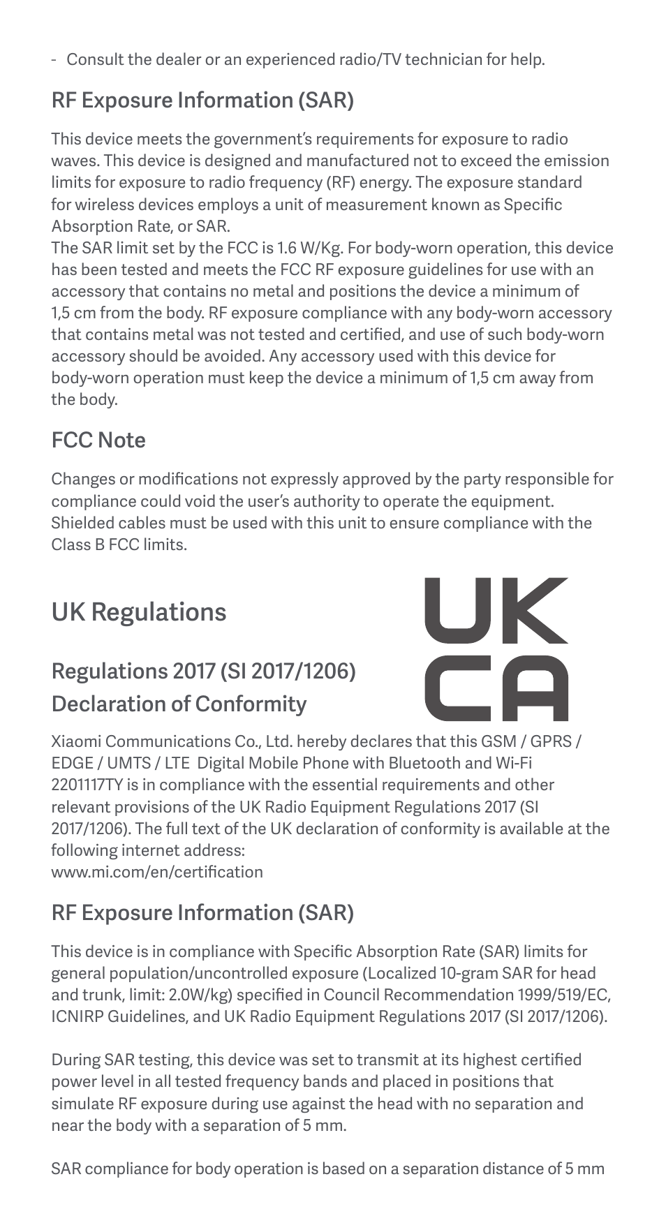 Uk regulations, Rf exposure information (sar) | Xiaomi Redmi Note 11 User Manual | Page 8 / 26