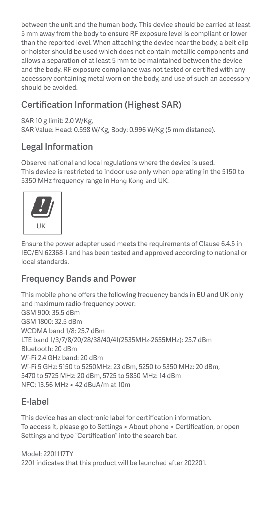 Certification information (highest sar), Legal information, Frequency bands and power | E-label | Xiaomi Redmi Note 11 User Manual | Page 9 / 26