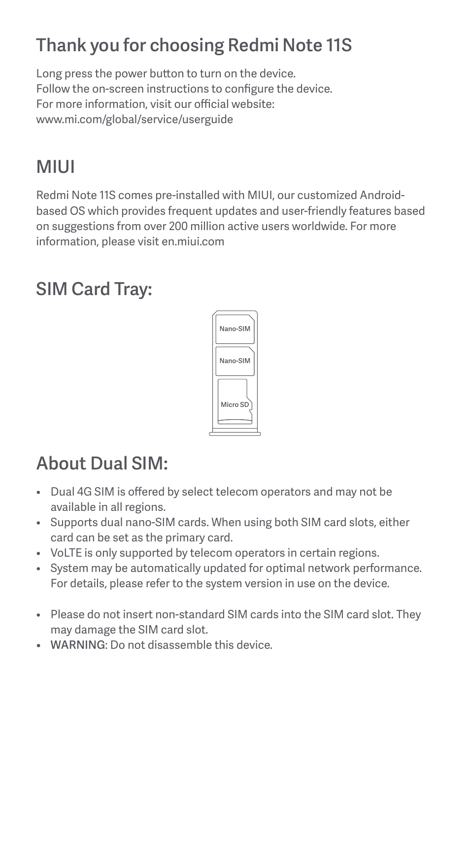 Miui, Sim card tray, About dual sim | Xiaomi Redmi Note 11S User Manual | Page 3 / 26