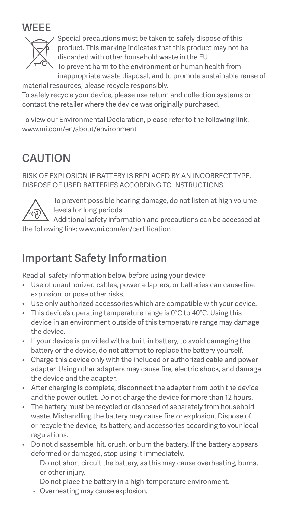 Weee, Caution, Important safety information | Xiaomi Redmi Note 11S User Manual | Page 4 / 26