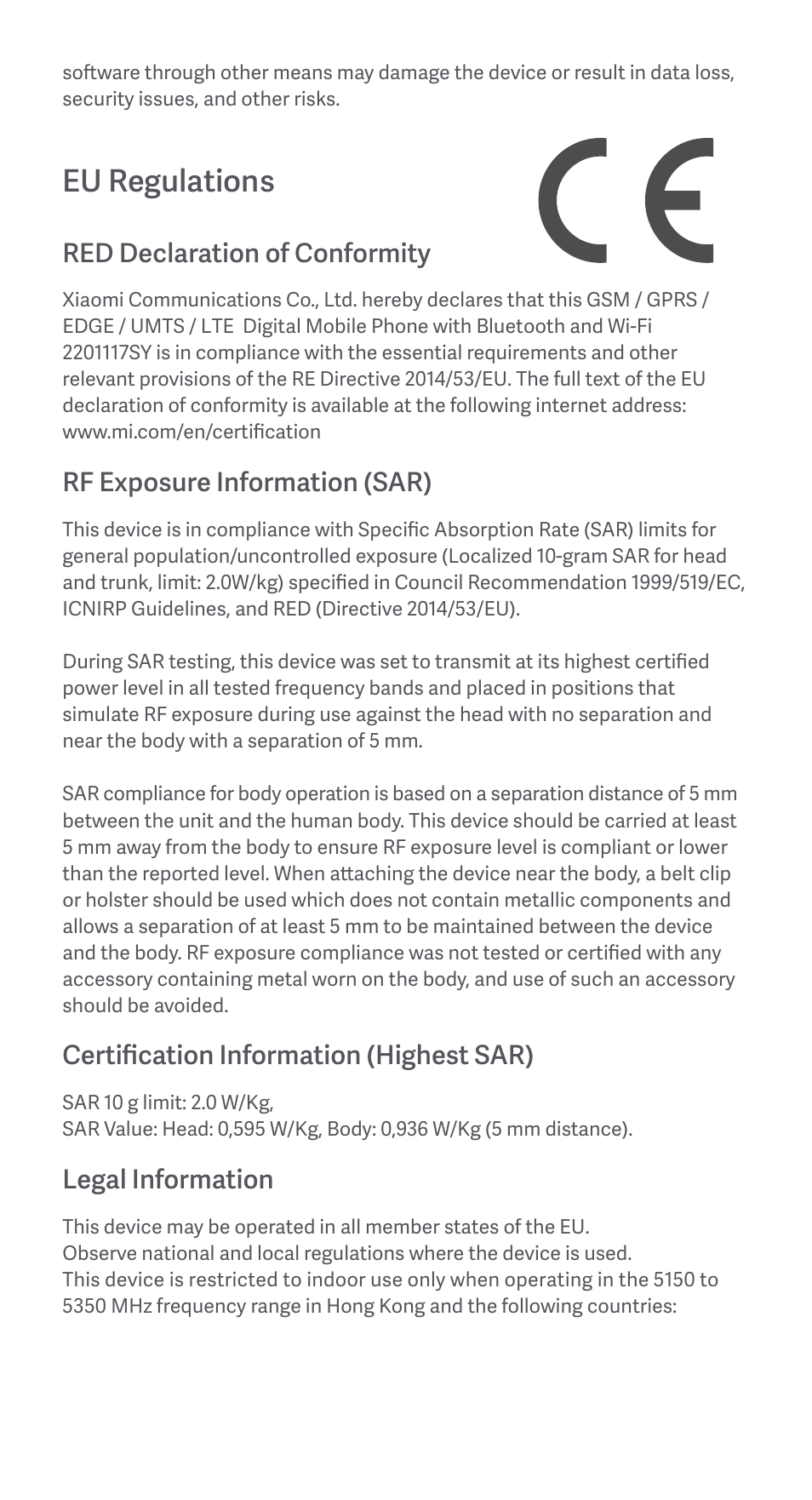 Eu regulations, Red declaration of conformity, Rf exposure information (sar) | Certification information (highest sar), Legal information | Xiaomi Redmi Note 11S User Manual | Page 6 / 26