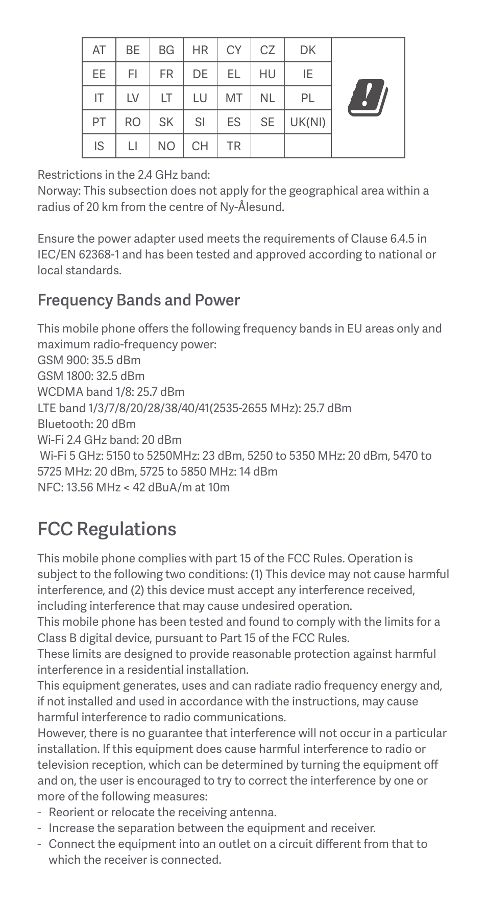 Fcc regulations, Frequency bands and power | Xiaomi Redmi Note 11S User Manual | Page 7 / 26