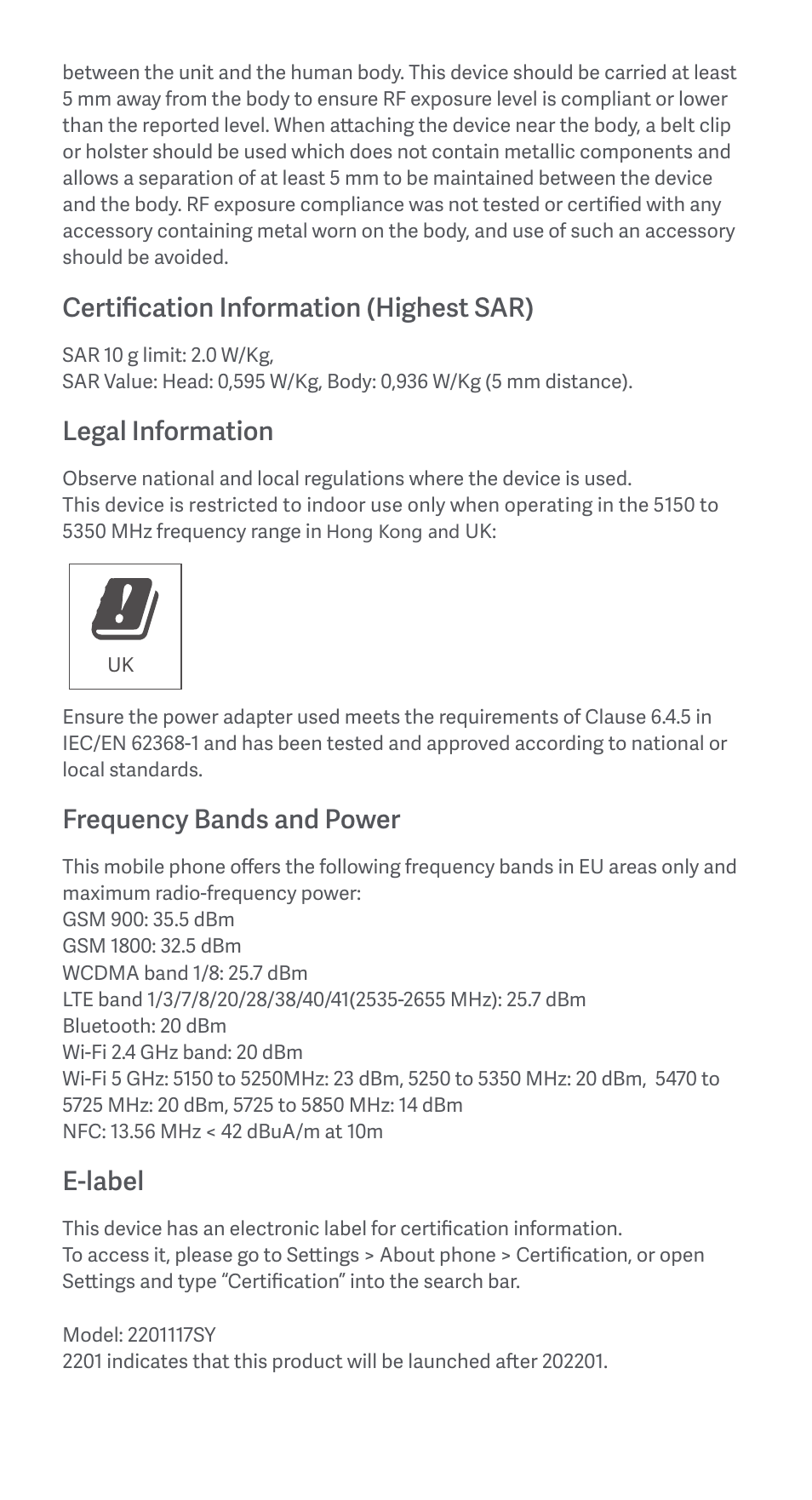 Certification information (highest sar), Legal information, Frequency bands and power | E-label | Xiaomi Redmi Note 11S User Manual | Page 9 / 26